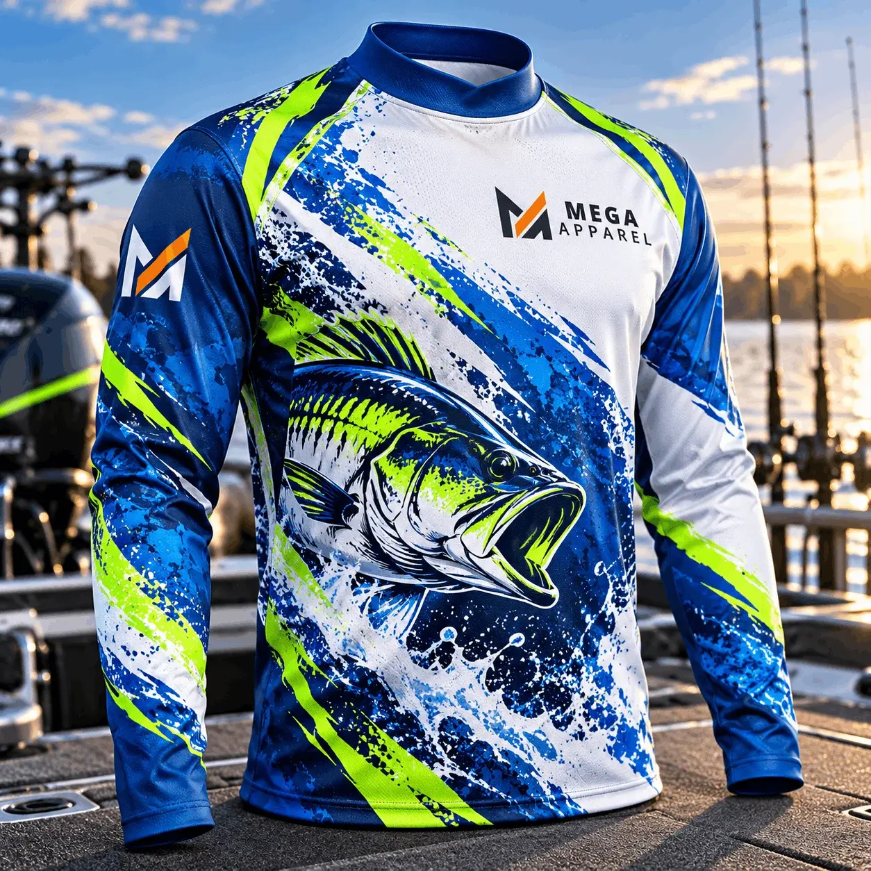 Custom long sleeve tournament fishing jersey displayed on a mannequin, featuring blue, white, and neon green graphics, a large fish illustration, and Mega Apparel branding in a marina setting.